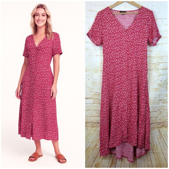 Saks Fifth Avenue Dress Womens US 12 Red Ditsy Floral Button Midi Viscose Boho - Picture 1 of 11